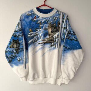 90s vintage wolf animal snowy winter double sided graphic pullover sweatshirt